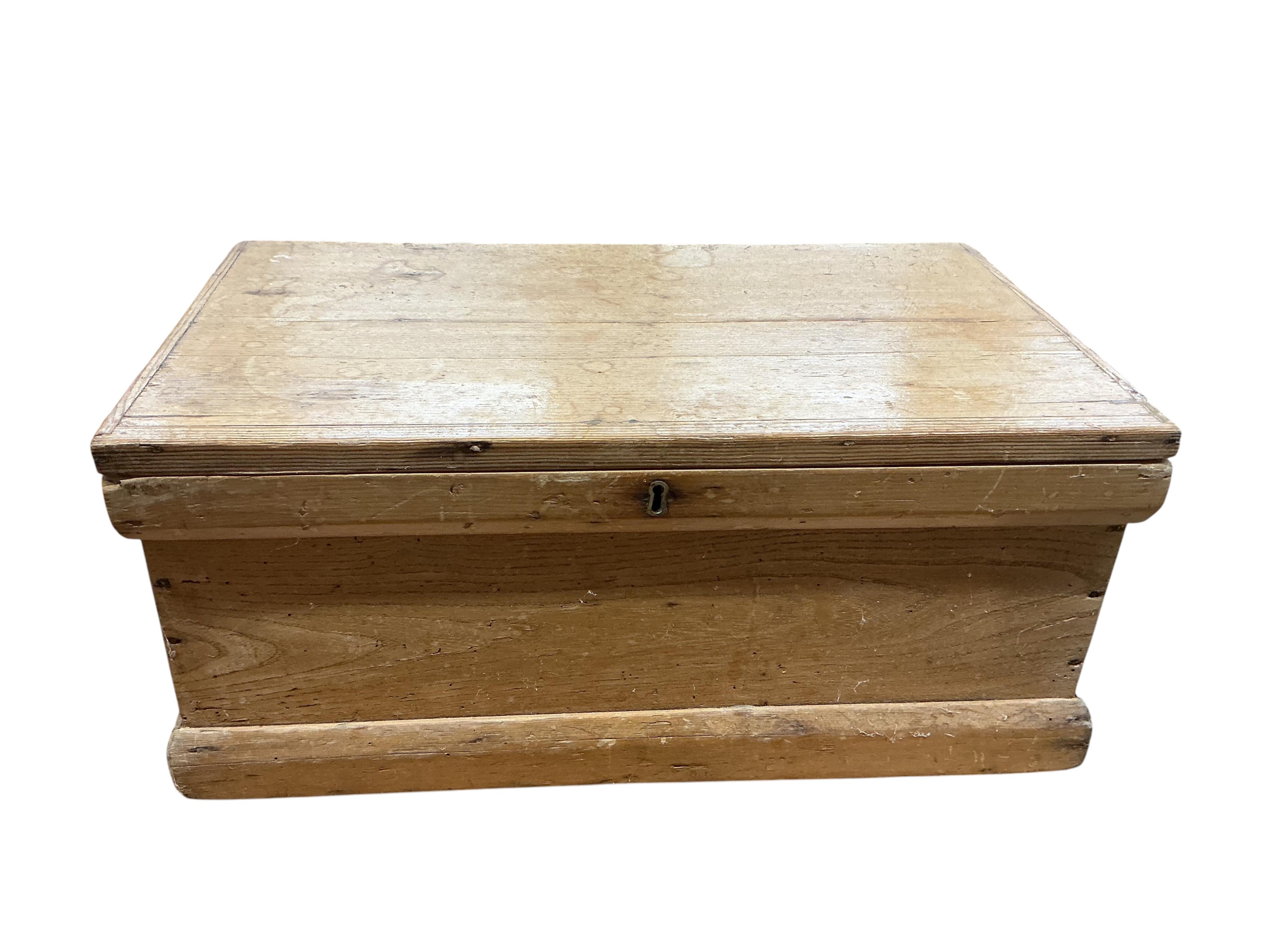 A small Victorian rectangular pine trunk, width 49cm, depth 29cm, height 22cm, together with two Provincial stools, a staved bucket and a measure